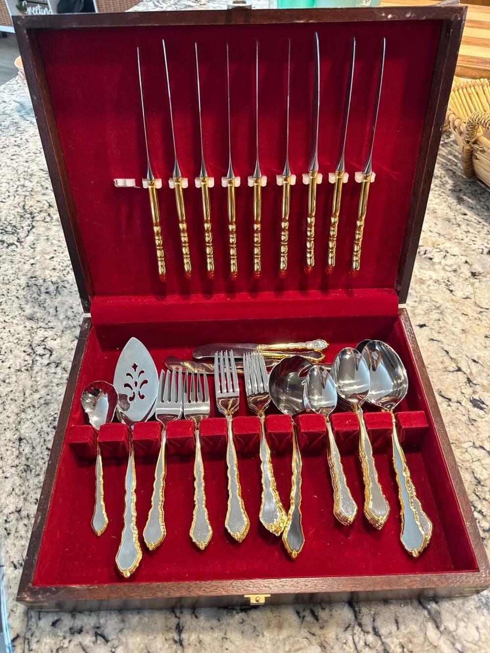 55 Pcs Oneida Community Stainless Golden Royal Flatware Set with Wood Chest